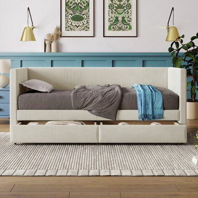 Corduroy Daybed with Two Drawers and Wood Slat The perfect combination of classic and modern, enhance the bedroom style