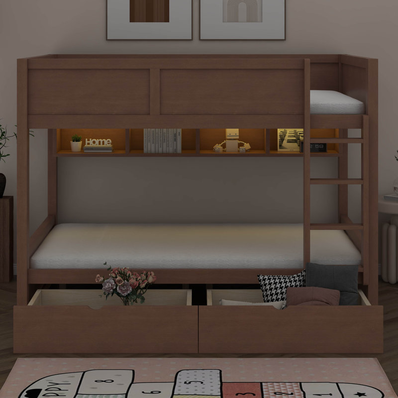 Lit double superposé au dessus d'un lit double avec 2 tiroirs, lit superposé en bois avec armoires de rangement et lumières DEL