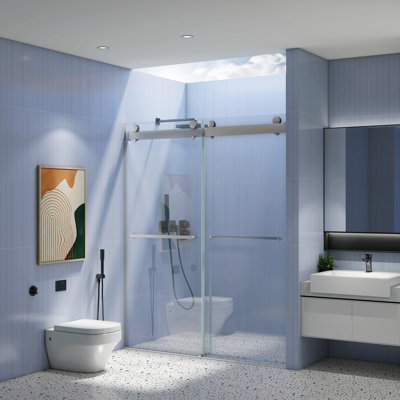 Double Sliding Frameless Soft-Close Shower Door, Premium 3/8 Inch (10Mm) Thick Tampered Glass And Easy-Cleaning Coating