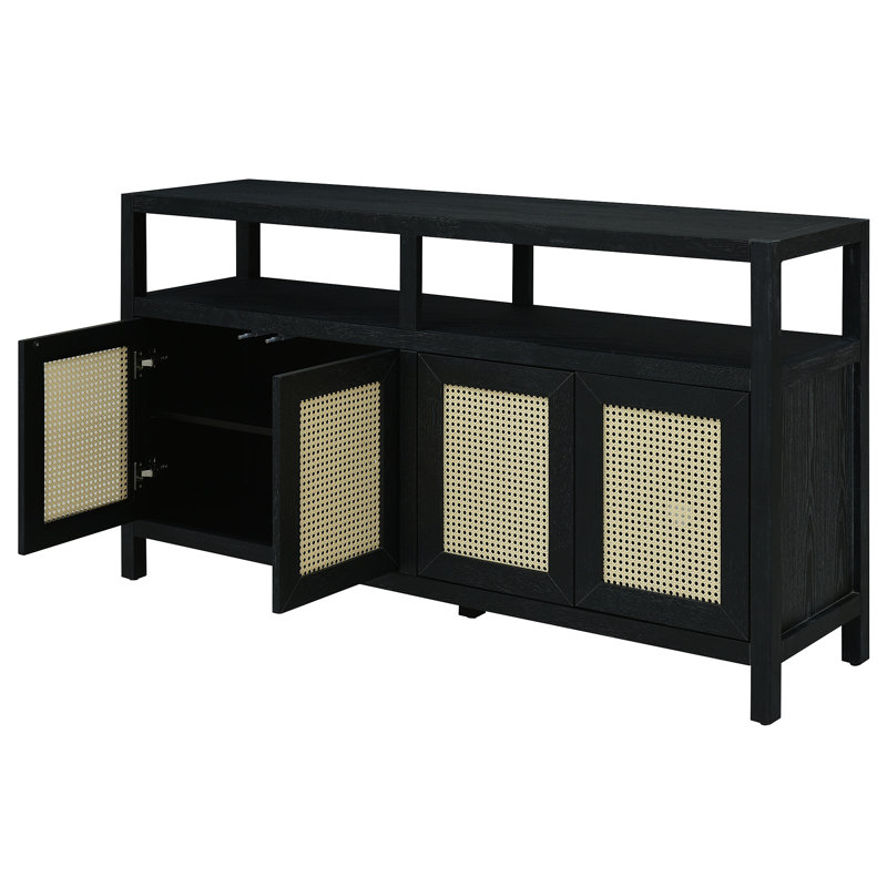 Bohemian Style Rattan Buffet Storage Cabinet with Solid Wood Frame, Sideboard with 3-position Adjustable Shelves, No-Handle Push-to-Open Design