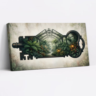 " Antique Key Outline With Tropical Greenhouse " Painting Print