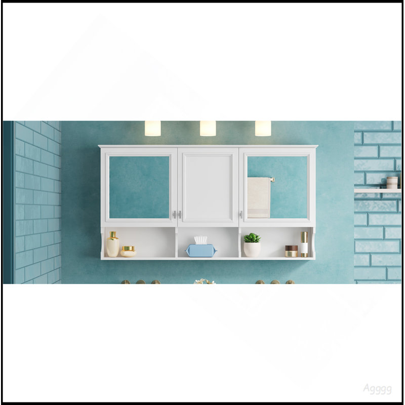 Armoire à pharmacie de 55 pouces avec tablettes ouvertes, rangement mural avec portes et miroir, tablette réglable, armoire de rangement pour salle de bain au-dessus de la toilette