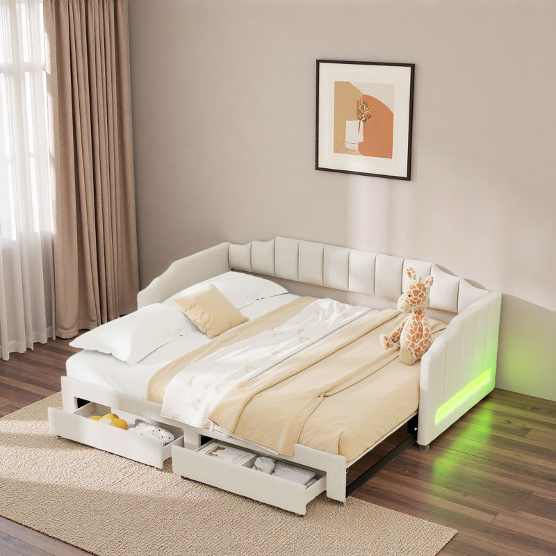 Lit de jour rembourré extensible avec 2 tiroirs de rangement et lumière DEL
