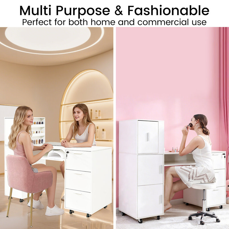 Table de manucure blanche avec prise de courant et USB, 3 tiroirs, 3 armoires, tablettes ouvertes, 8 roulettes, station de clou pour salon et maison