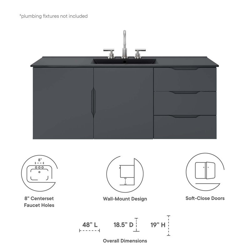 Vitality 48" Gray Black Wall-Mount Single Sink Bathroom Vanity