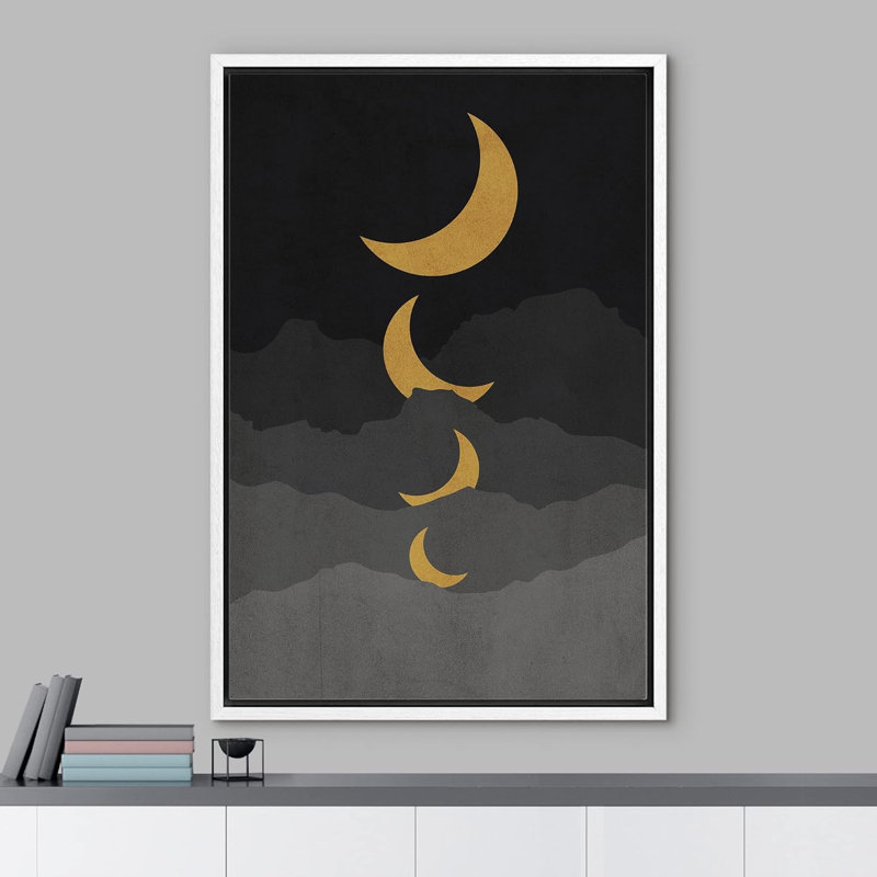 Soleil et lune, croissant d'or, lune, ciel, nature, paysage, illustrations, art moderne, Blanc, H 24 po x l 16 po