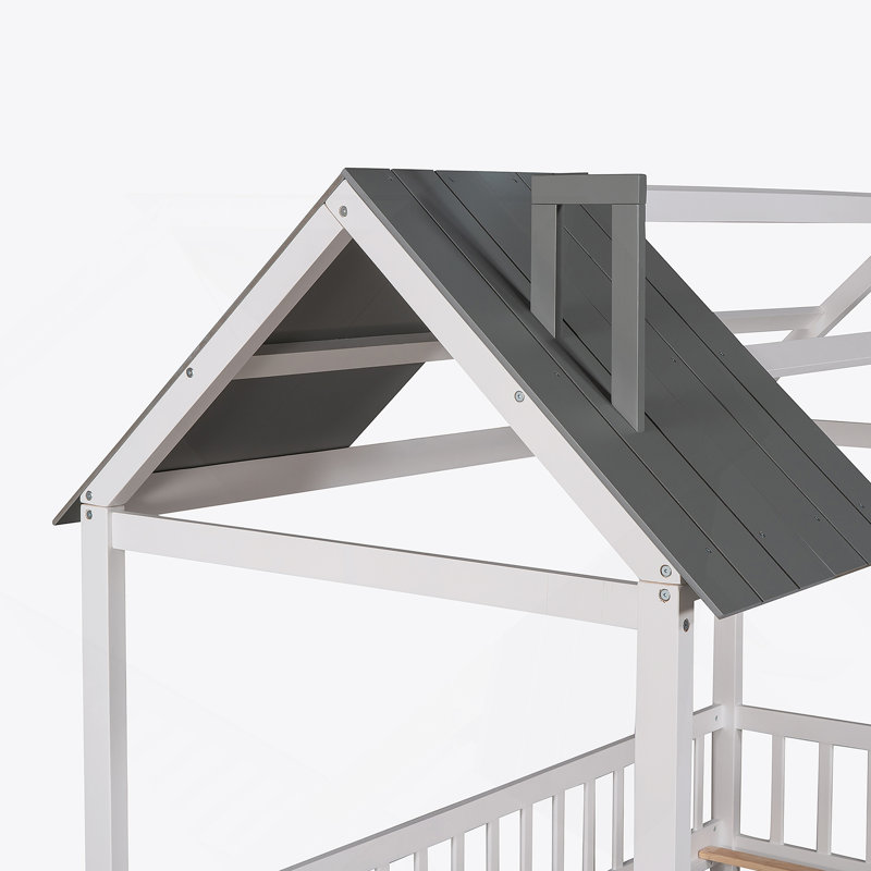 Lit simple en bois avec clôture, blanc et gris, Blanc / Gris