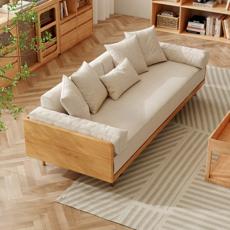 Canapé-lit en lin et coton rembourré avec pieds en bois massif de 82,7 po Grimpante, Mélange de lin beige, Bois robuste