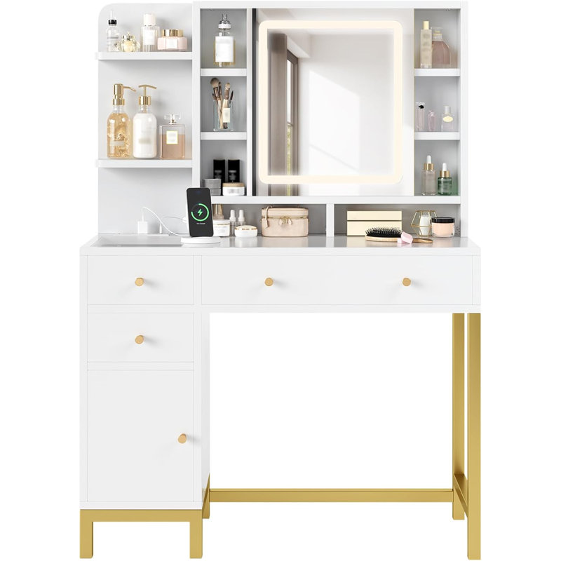 Coiffeuse blanche avec miroir et lumières, coiffeuse de maquillage avec miroir à DEL et prise de courant 3 couleurs d'éclairage pour la chambre à coucher