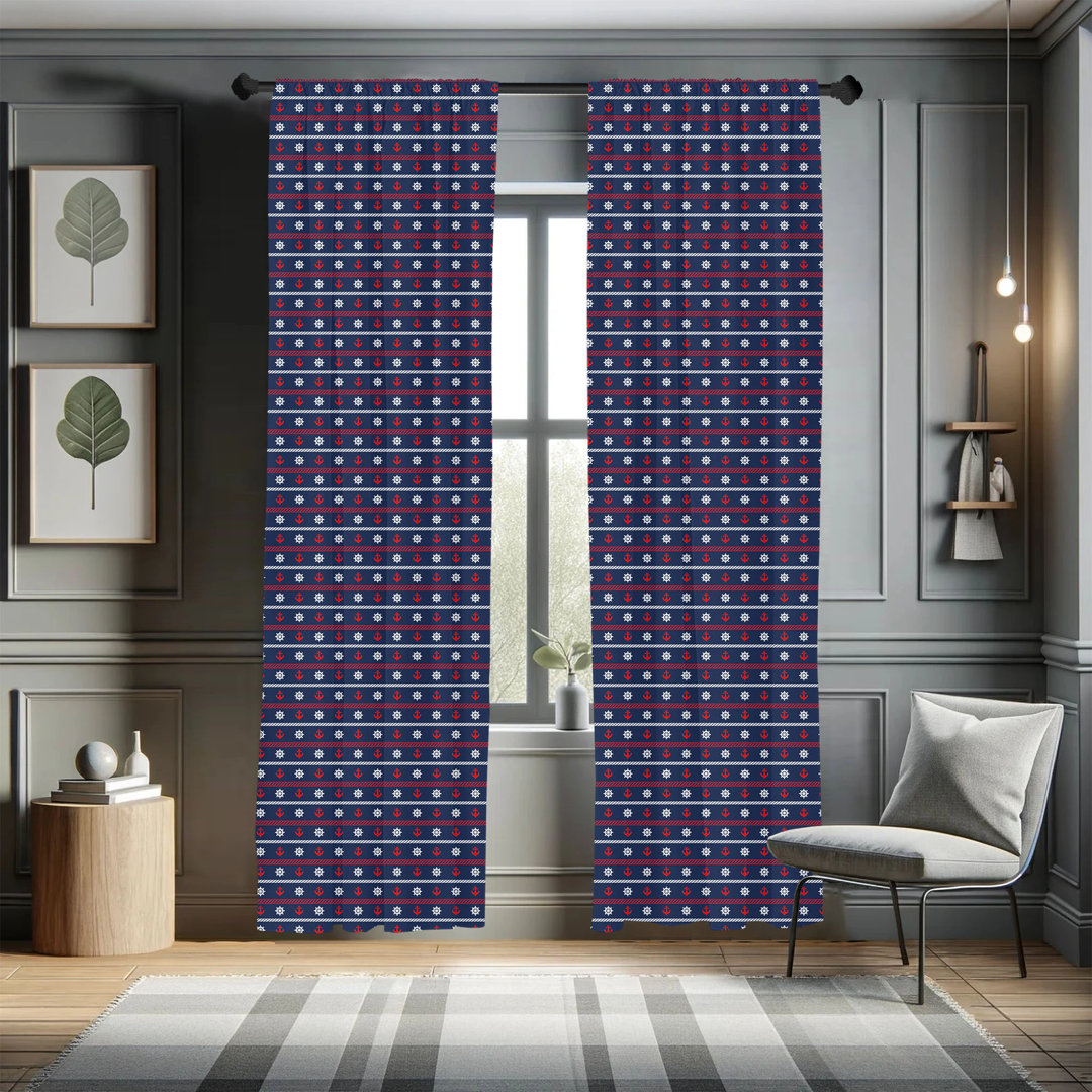 Navy Blue Window Curtains, Horizontal Borders With Nautical Elements Marine Rope Anchor And Helm, Lightweight Decorative Panels Set Of 2 With Rod Pocket, 56" X 63", Red White Dark Blue (Set of 2) East Urban Home Size per 