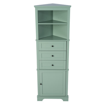Grande armoire triangulaire verte avec 3 tiroirs et tablettes réglables pour la salle de bain, la cuisine ou le salon, panneau de fibres à densité moyenne avec finition peinte
