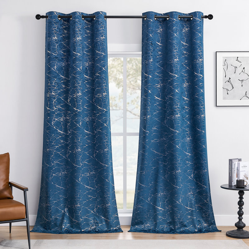 Deavion Velvet Curtains Metal Grommets Room Darkening with Gold Foil Print 2 Panel Set, 40" W x 84" L, Navy