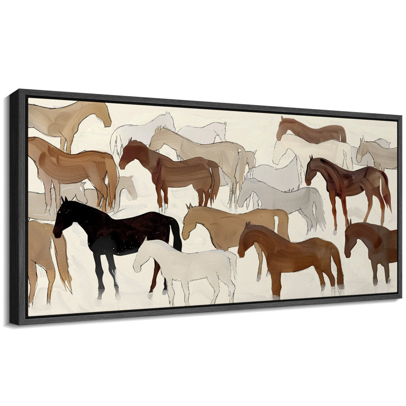 Illustration abstraite de chevaux dans des tons neutres, art moderne, H 30 po x l 60 po, Noir, noir, noir, noir