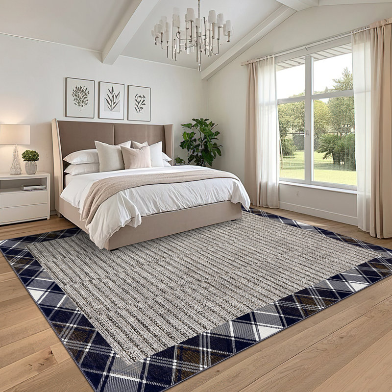 Modern Checkered Bordered Area Rug Machine Washable Rug Low Pile Throw Carpet Non Slip Non Shedding Floor Cover Stain Resistant Folding Carpet For Home Decor
