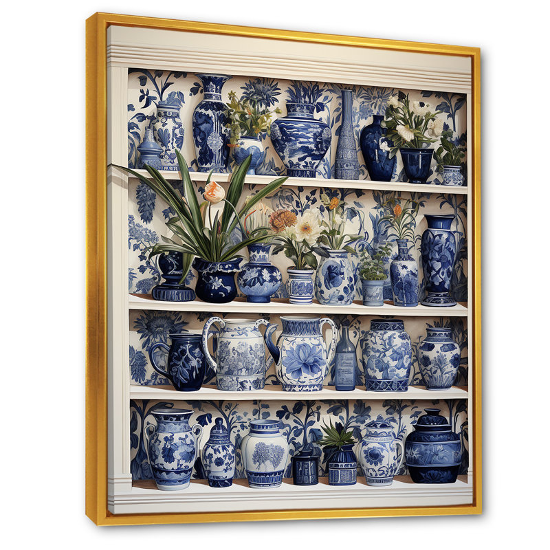 «Blue Boho Plant Pottery I», art mural Boho, Cadre flottant doré, H 40 po x l 30 po x P 1,5 po