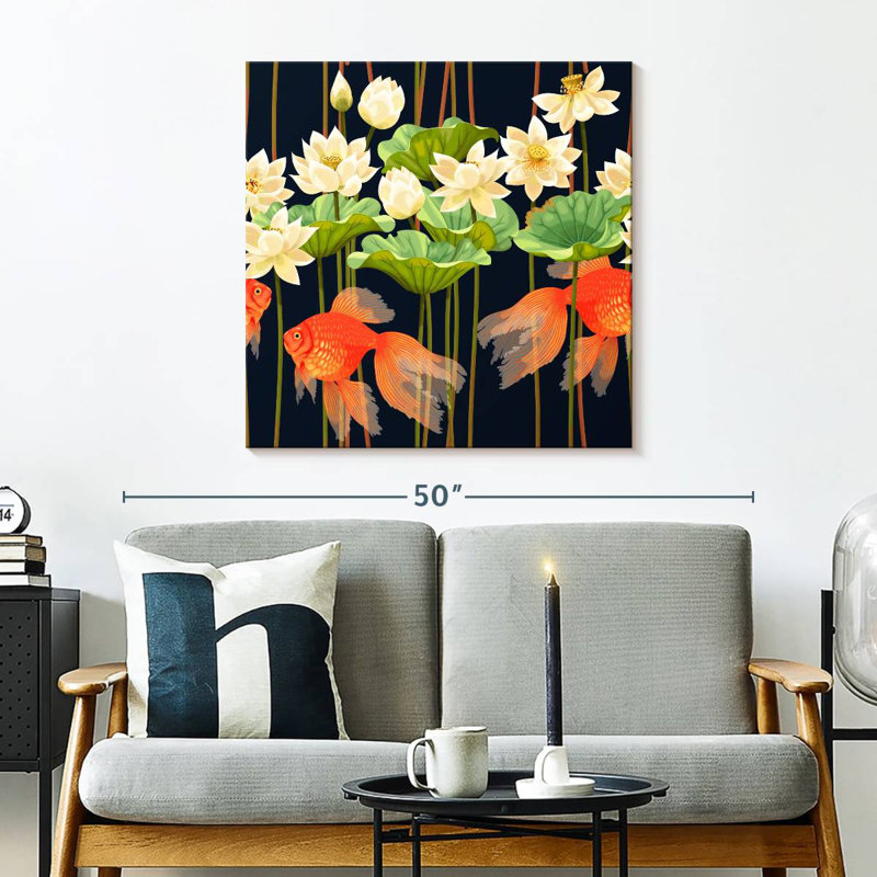 Poisson rouge Brampt et fleurs de lotus, H 30 po x l 30 po