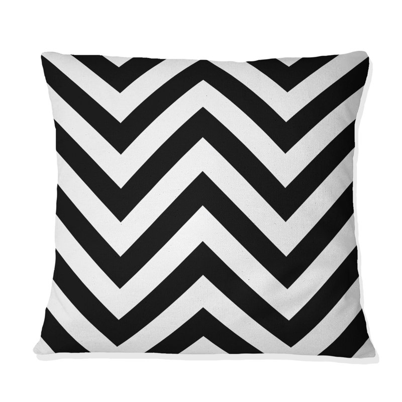 Blanc à motif de chevrons noirs II - Coussin décoratif traditionnel, H 16 po x l 16 po
