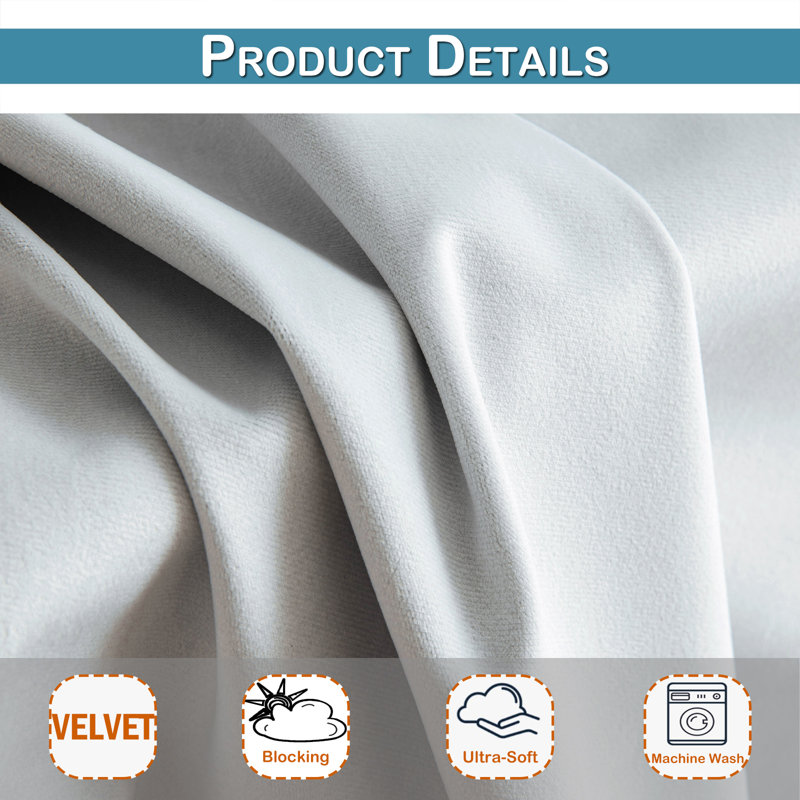 Lauier Velvet Blackout Curtain Pair, 52" W x 84" L, Light Gray