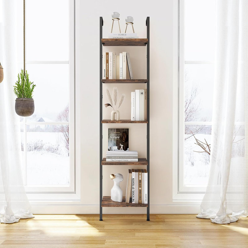 Brown 5-Tier Wood and Metal Ladder Bookshelf