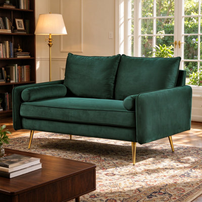 Canapé moderne 2 places en velours de 147 cm (58 pouces) avec garniture cloutée, petit canapé capitonné avec pieds en métal doré, vert