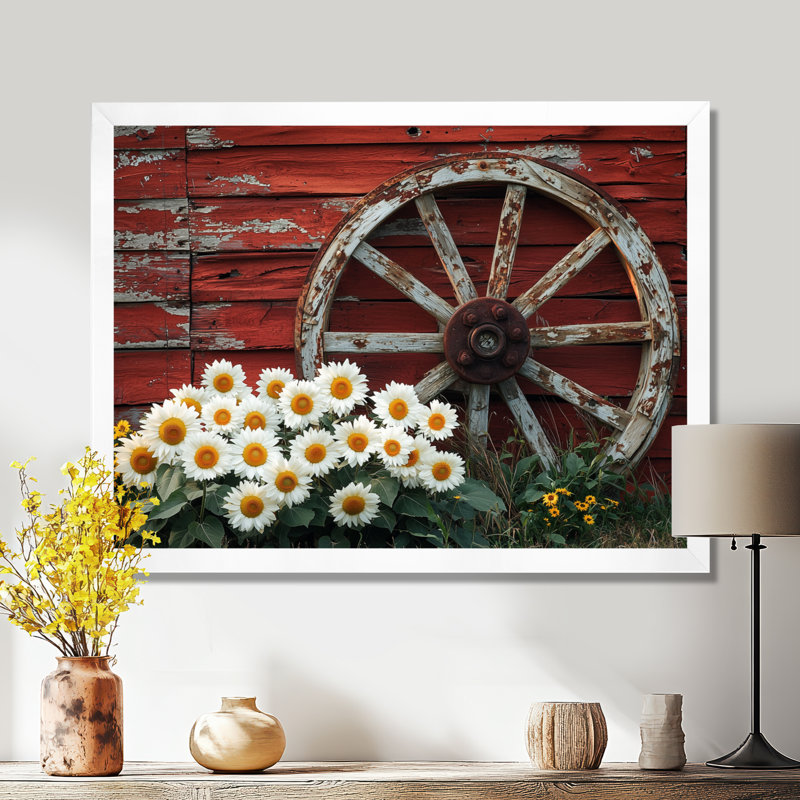 Craighead Countryside Sunflowers By The Wagon Wheel - Art mural tournesols, H 34 po x l 44 po, Floater Framed, Blanc