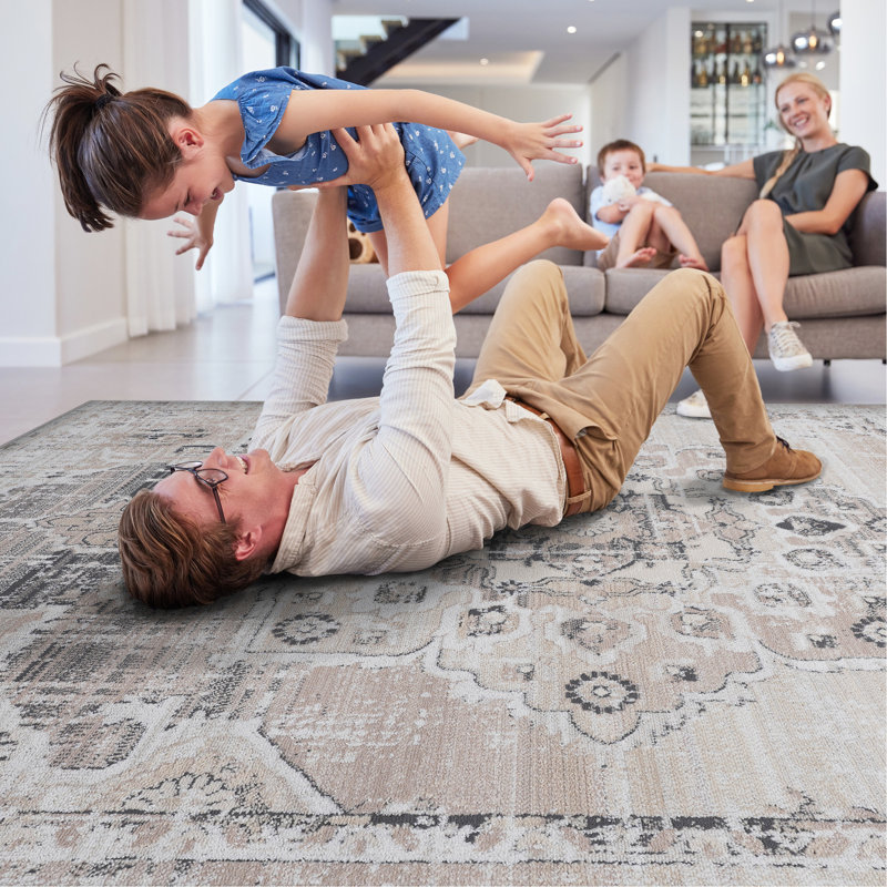 5x7 Cream/beige Medallion Dorm Room Cool Rug. Non-shedding, Stain , Home Office Area Carpet. Professional Touch