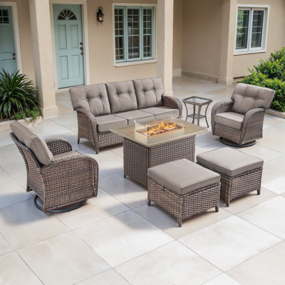 Agnes 5 Person All-Weather Rattan Outdoor Courtyard Conversation Set With Swivel Chairs And Fire Pit