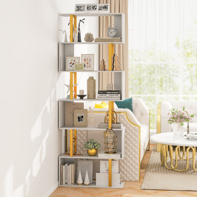 Geometric Bookcase S-Shaped Bookshelf w/ Metal Frame Gold