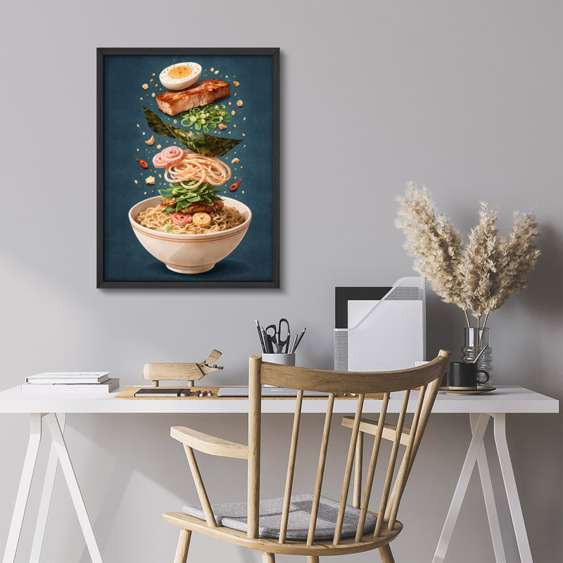 Floating Ramen Ingredients Illustration Framed Wall Art Prints - Modern Kitchen Decor, Noir, H 16 po x l 12 po