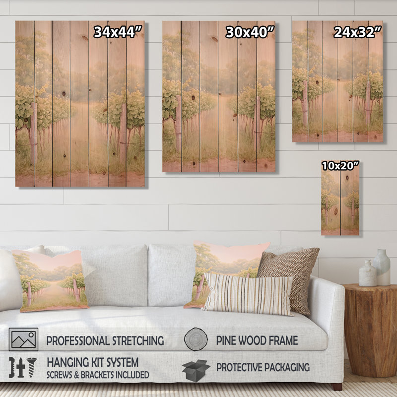 Golden Vineyard In Italy III - Traditional Landscape Wooden Wall Art On Natural Pine Wood, 40" H x 30" W