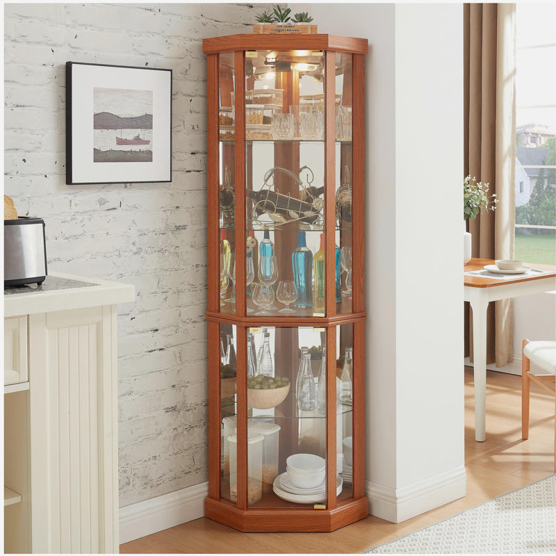 Corner Lighted Curio Cabinet Corner Glass Cabinet Lighted Curio Cabinet Corner Display Case for Living Room, Curio Cabinet, Antique collection, Wine,Bar Glass Storage Light Included,Dark oak