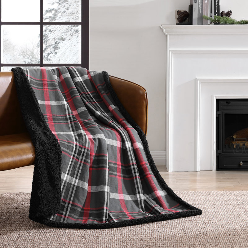 Gray and Red Plaid Sherpa Fleece Reversible Throw Blanket, 50"x60"