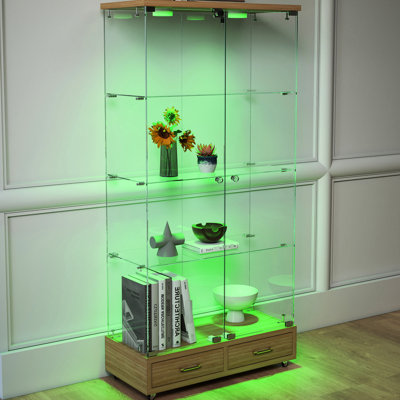Elegant Glass Display Case With 2 Drawers, 4 Shelves, 13 - Colour Led, And Secure Locking For Showcasing Figurines In Bedroom Stylish Quick Assembly, Storage Small Spaces Kitchen