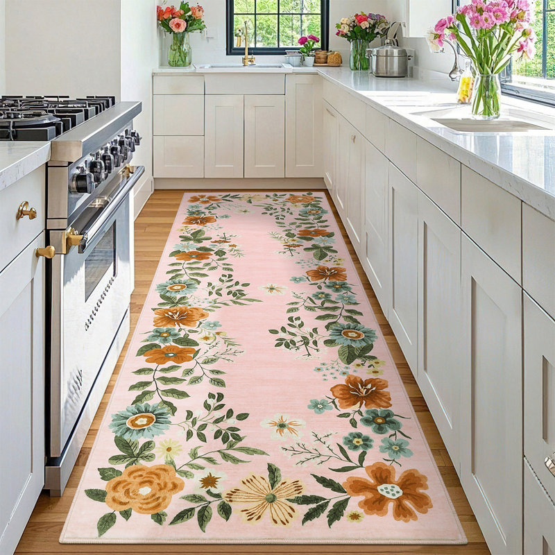 Floral Machine Washable Area Rug with Rubber Backing Non Slip Low Pile Aesthetics Carpet for Living Room Bedroom Office Playroom