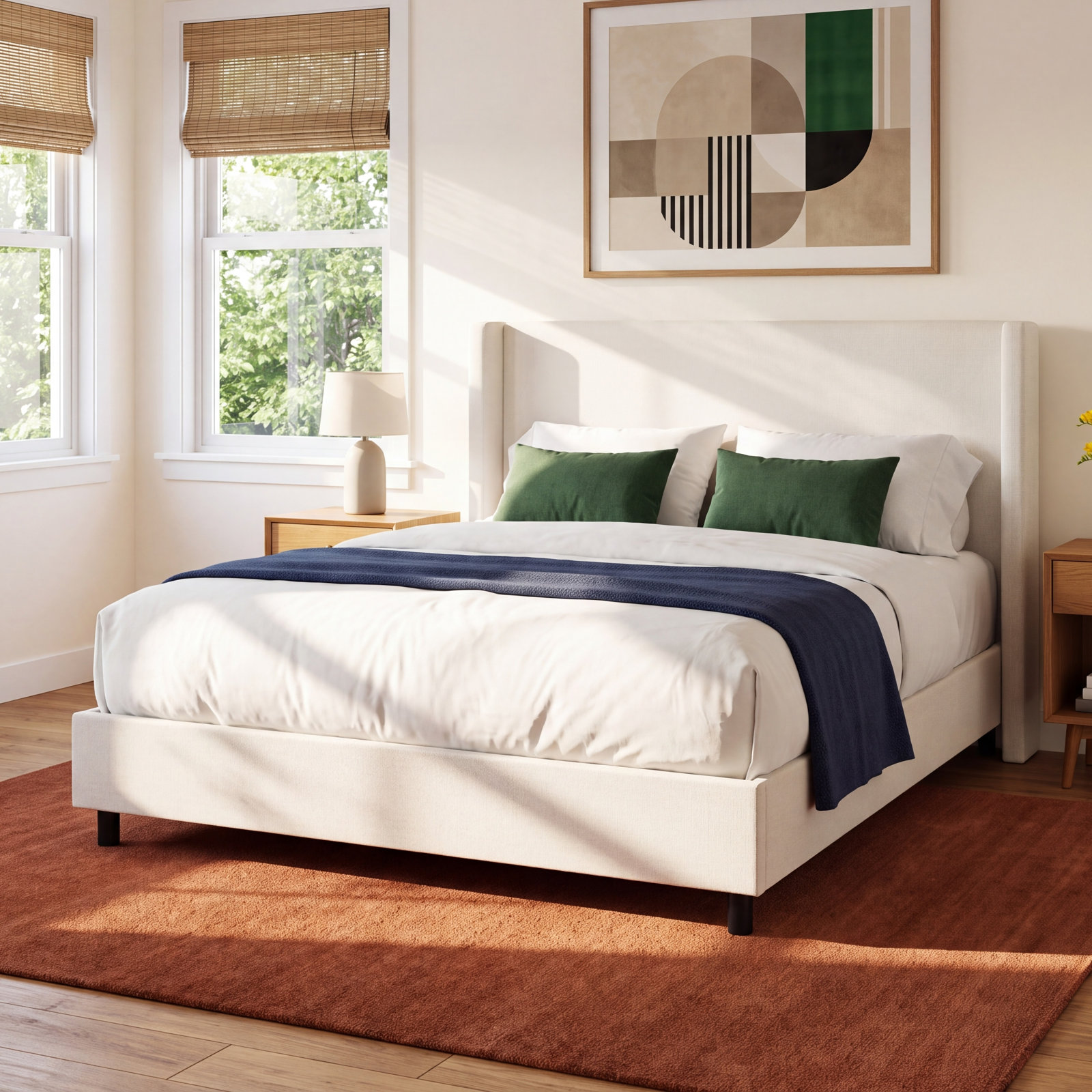 Hanson Upholstered Wingback Bed, Queen, Zuma White Textured Linen
