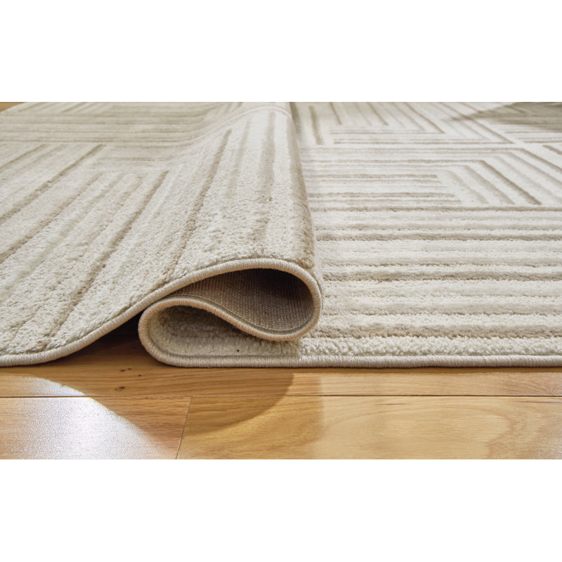 Cream and Taupe Geometric Tufted Wool 5' x 7' Rug