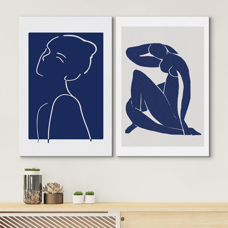 IDEA4WALL Navy Blue & White Line Art Yoga Woman Matisse People Abstract  Modern Art On Canvas 2 Pieces Print
