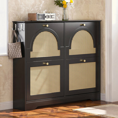 Mid-Century Narrow Design Tipping Bucket Shoe Cabinet with 4 Flip Drawers, Elegant Entryway Shoe Organizer with 4 Rattan Doors, Freestanding Shoe Rack with 2 Silvery Hooks for Hallway