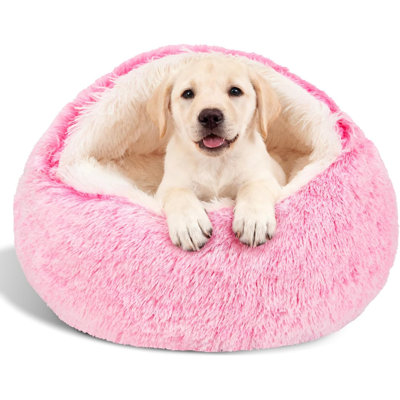 Lits pour chien apaisants avec housse pour chat à capuchon - Lits ronds amovibles et lavables pour petits et moyens animaux, housse en fausse fourrure antidérapante pour un sommeil amélioré - Peut supporter jusqu'à 15/25 lb (rose, M)