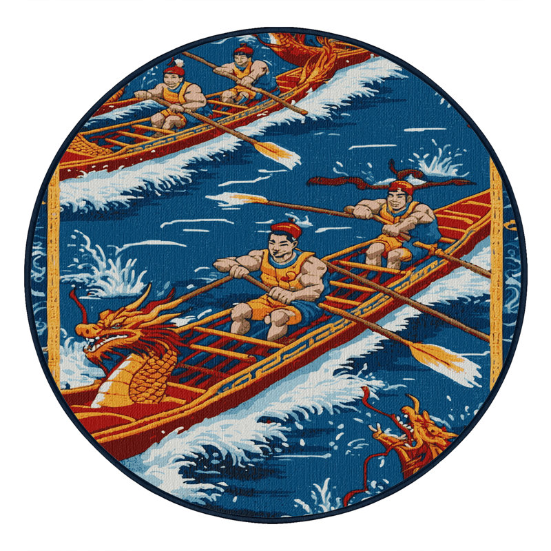 Washable Dragon Boat Racing Sports Area Rug, Round 7'