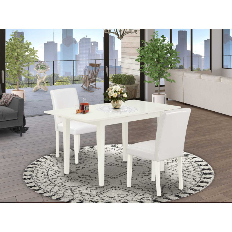 3-Piece Linen White Finish Rectangular Solid Wood Top With Butterfly Leaf Dining Table Set