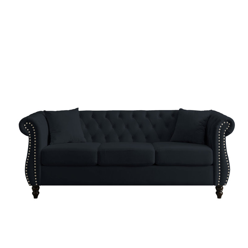 Canapé Chesterfield à accoudoirs roulés, Velours noir, H 30 po x l 80 po x P 29 po