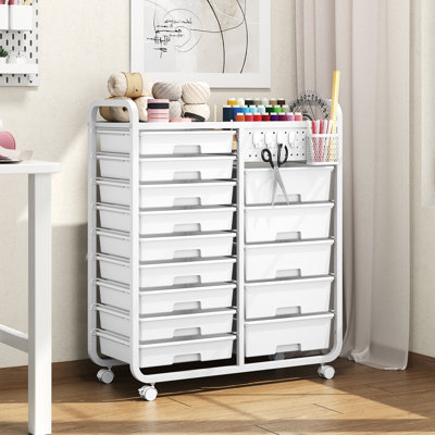 Metal Organizers Utility Cart,Rolling Cart with Wheels，Rolling Storage Cart with 14 Large Drawers, Utility Cart with Tabletop & DIY Pegboard