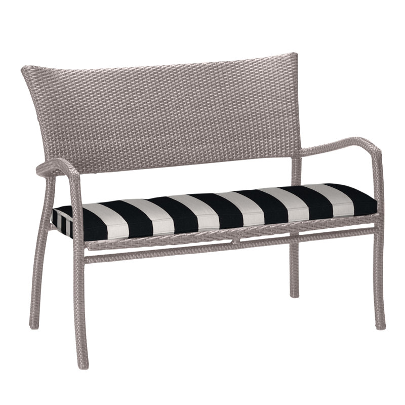Skye Wicker Garden Bench, Black Walnut, Cabana Midnight Stripe Sunbrella®, Welt