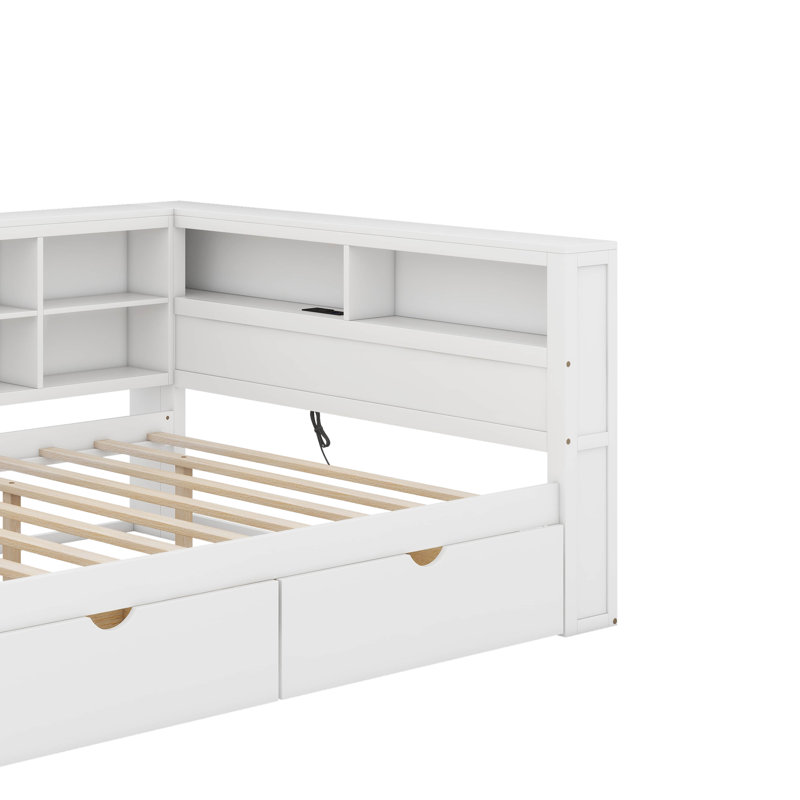 Lit de jour double avec tiroirs, tablette et port USB, Blanc