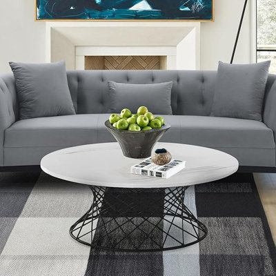  Loxley White Marble Coffee Table Black Metal Base Modern