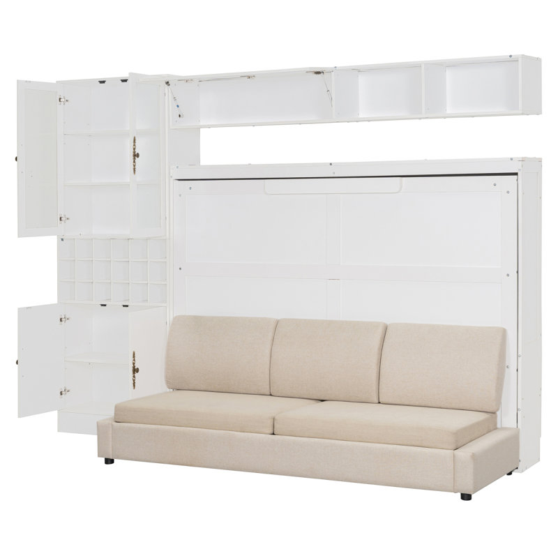 Full Size Murphy Bed Wall Bed with Sofa , Shelves USB & Light ,White