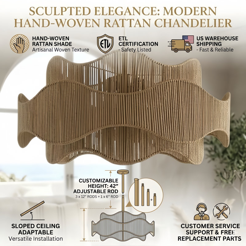 5 - Light 28" Hand-woven Rattan Boho/modern Farmhouse Drum Chandelier With Polished Brass Finish For Dining Room Or Bedroom