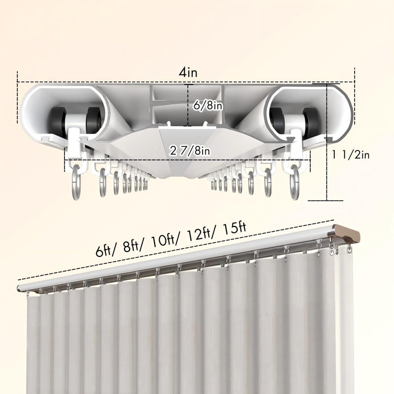 Rail de rideau double silencieux 5 pi à 16 pi, rail de rideau en aluminium blanc large de 4 po, rails de rideau de chambre à coucher / fenêtre / hôtel (sans rideaux ni crochets) (double, 12 pi)