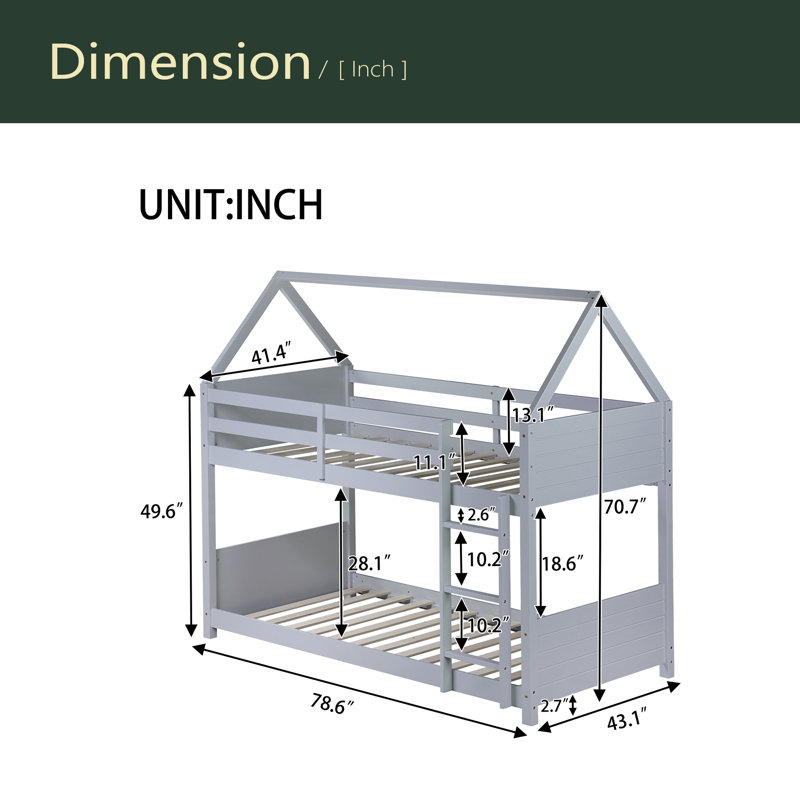 Twin Over Twin House Floor Bunk Bed With Headboards, Footboards And Guardrails, Ladder, Rubber Wood Bunk Bed With Safety Guardrails